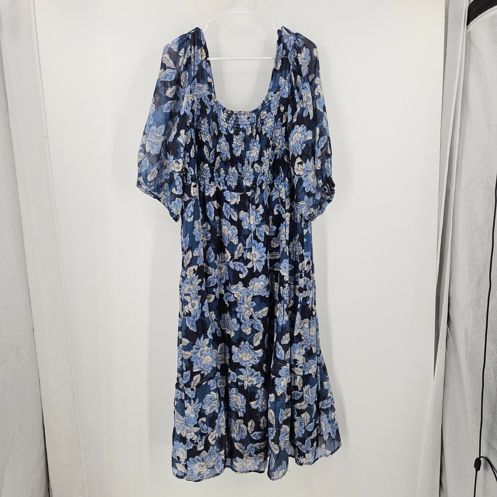 Johnny Was Aquaria Dress Blue Floral Peasant Midi Smocked Boho Cottagecore Sz XL